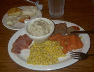 cracker barrel ham, corn, mashers and PictSweet carrots